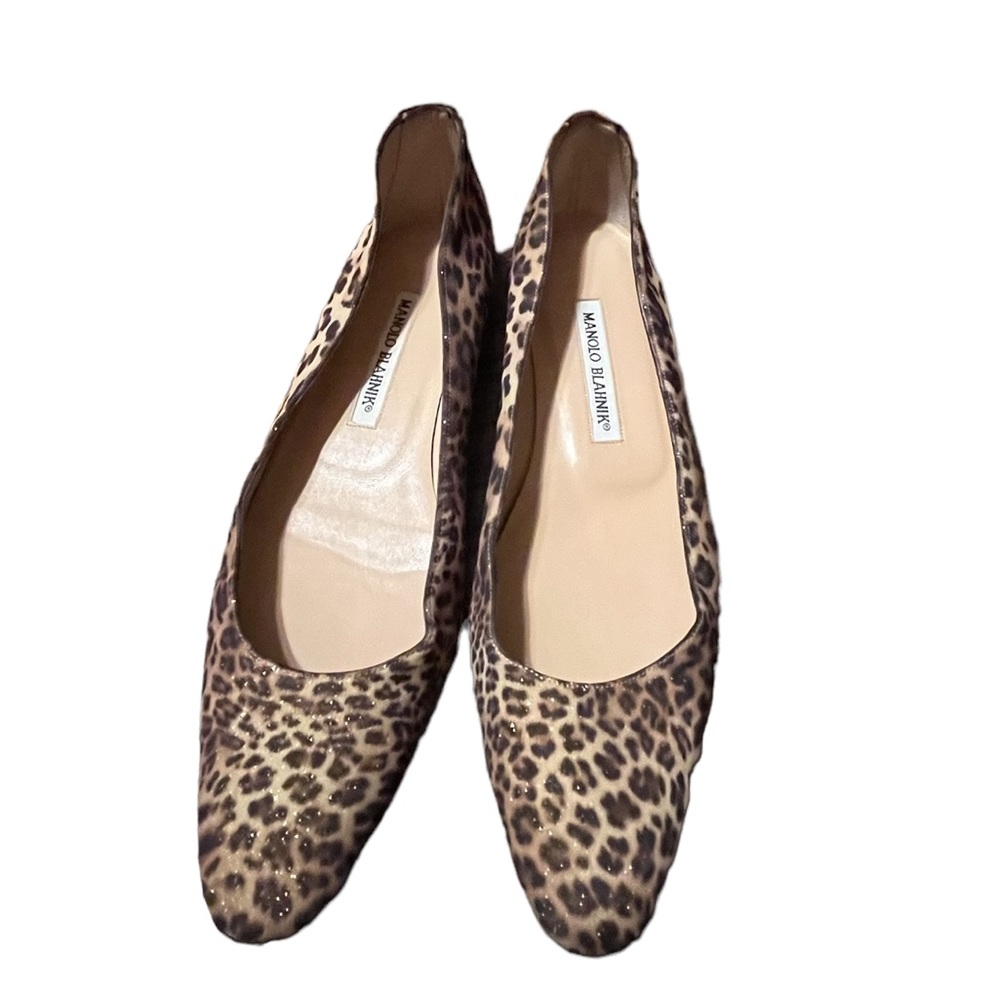 Manolo Blahnik leopard print flats w sparkle, fabric ext. 38.5 VGUC